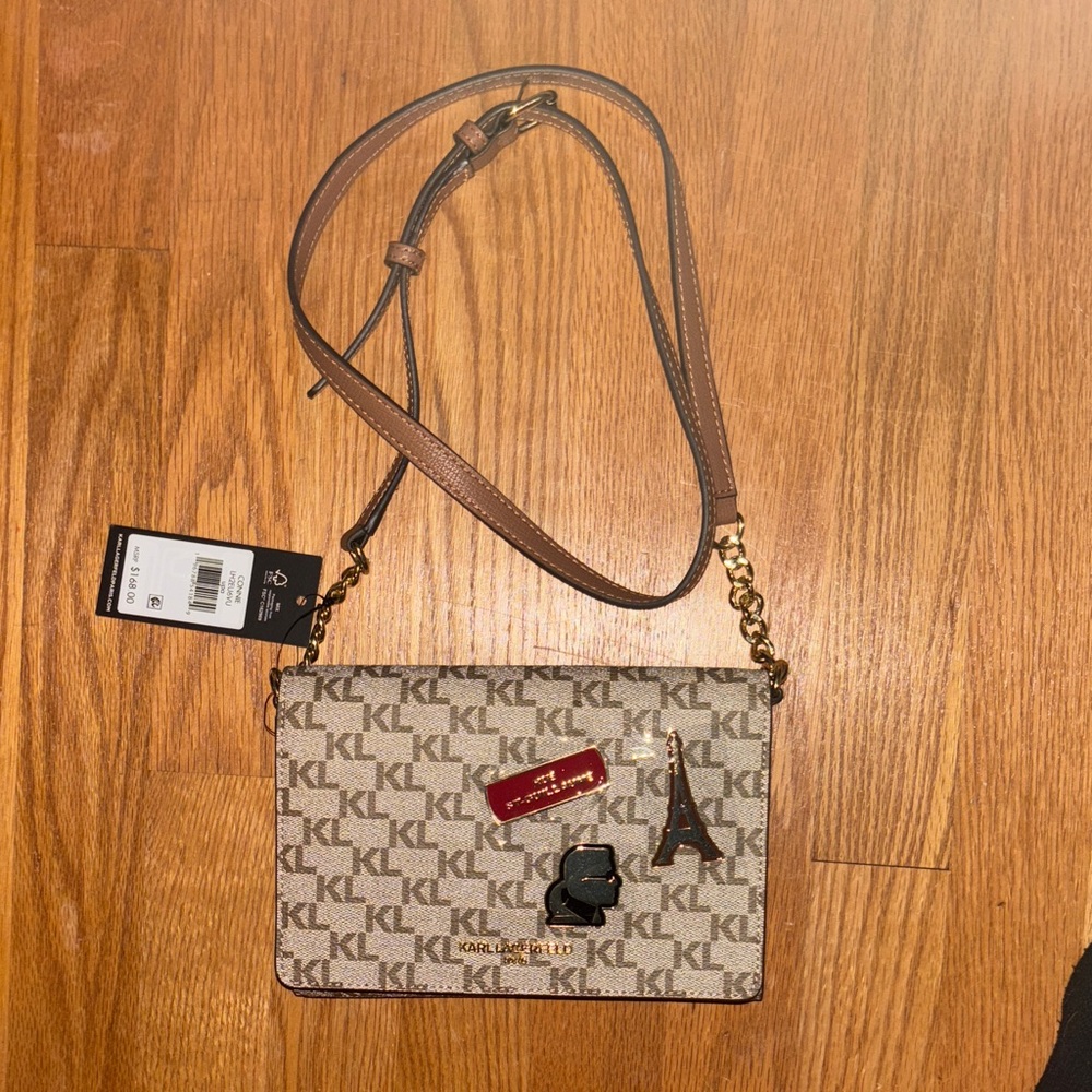 Karl Lagerfeld Monogram Crossbody Bag with Brown Accents